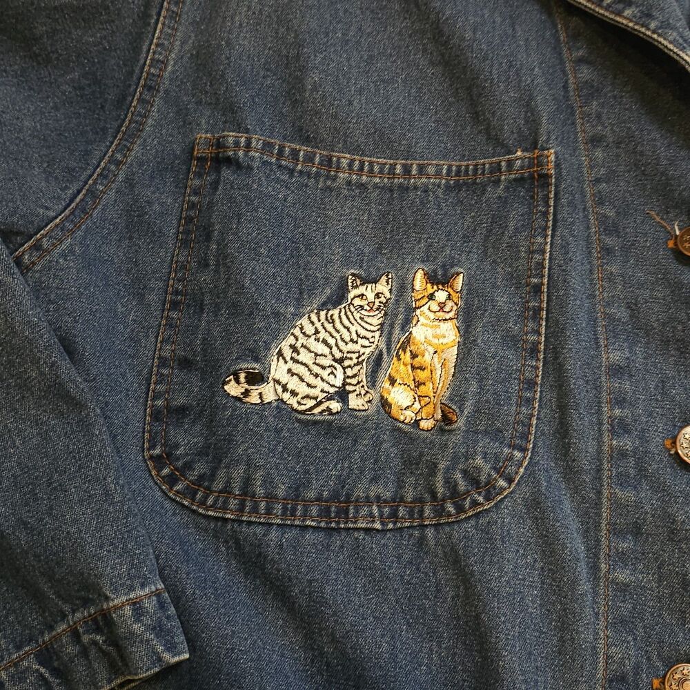 denim chore jacket 1x cat embroidery barn coat blue cottagecore spring denim - Picture 7 of 12